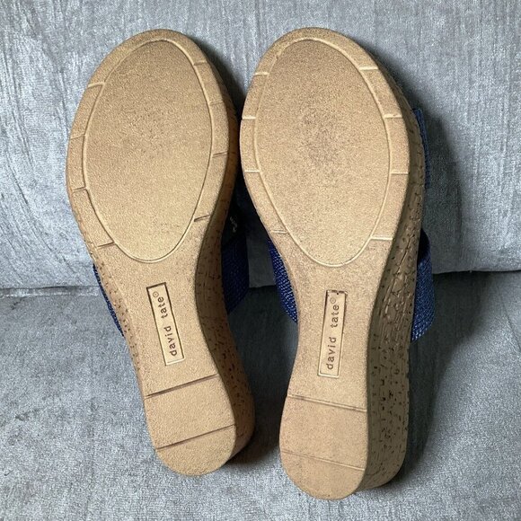 David Tate Vibe Wedge Heeled Sandals Navy Blue Rayon Sz 9.5 WIDE Vacation Comfy - Picture 8 of 12